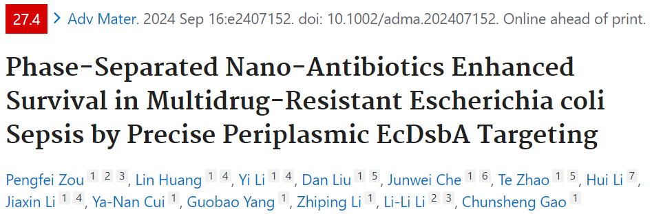 Phase-Separated Nano-Antibiotics Enhanced Survival in Multidrug-Resistant Escherichia coli Sepsis by Precise Periplasmic EcDsbA Targeting